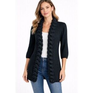 Vintage Pure Handknit 100% Cotton M/L Chunky Cardigan Chain Knit Black 3/4 Sleev